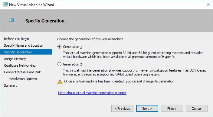 Selecting the generation of the VM