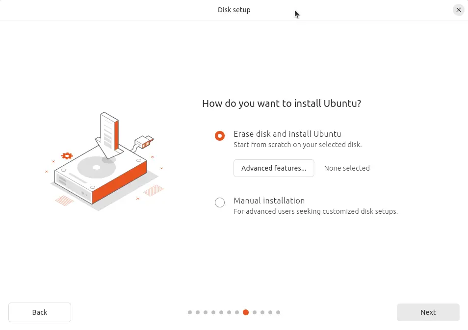 Selecting the installation type for Ubuntu