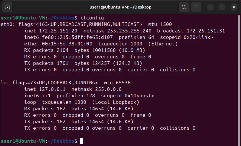 The Terminal window of Ubuntu 24 with IP configuration information