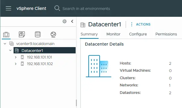 A datacenter is created and ESXi hosts are added to vCenter