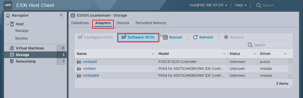 Adding a new software iSCSI adapter for an ESXi host
