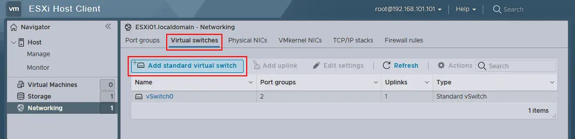 Adding a new virtual switch on VMware ESXi host