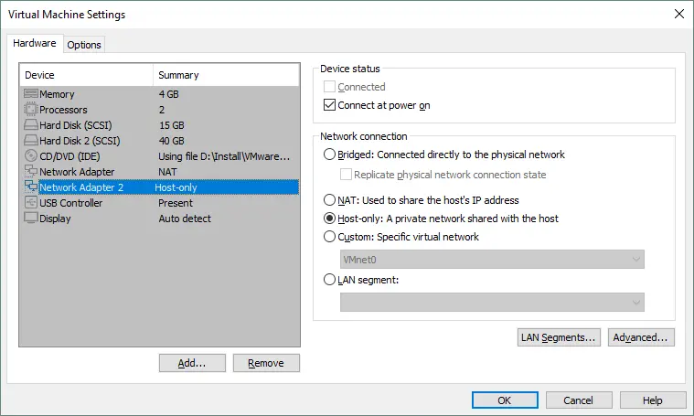 Adding a second virtual network adapter connected to the Host-only network