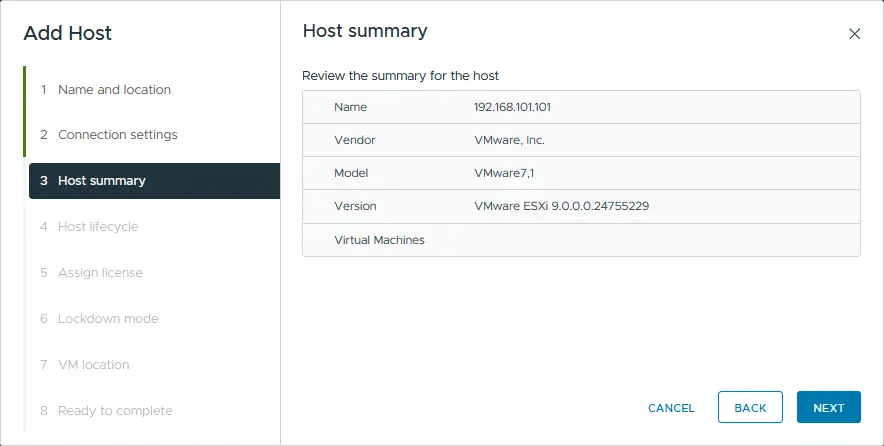 Checking the summary of the ESXi host