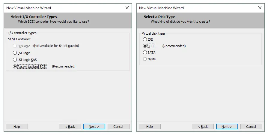 Choosing the I/O controller type and the virtual disk type