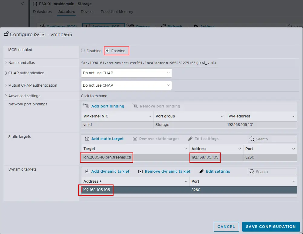 Configuring the iSCSI connection on an ESXi host