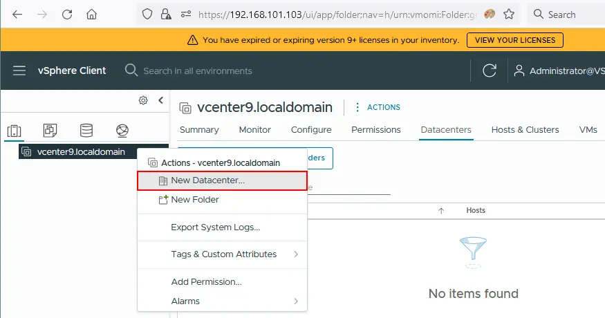 Creating a new datacenter in vCenter with VMware vSphere Client