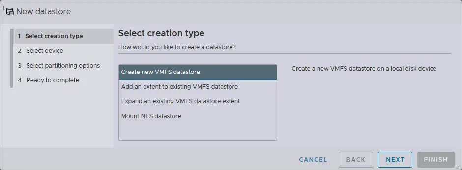 Creating a new VMFS datastore