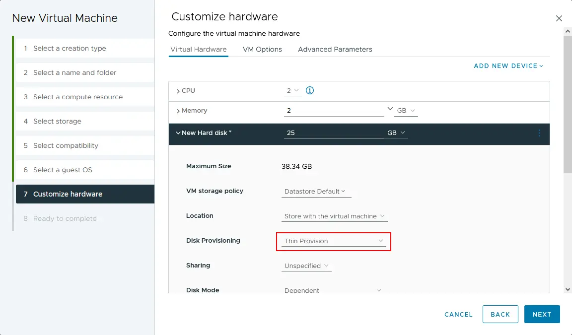 Customizing hardware for the new VM