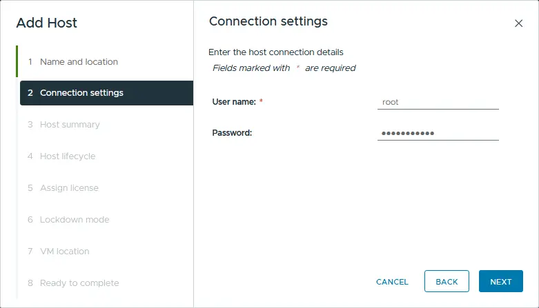 Entering the ESXi administrative credentials