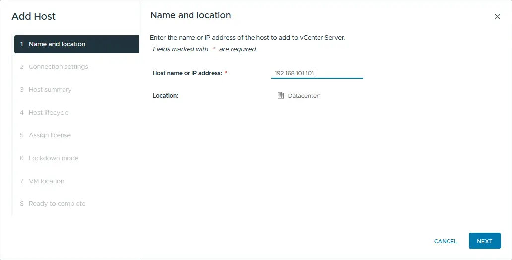 Entering the name or IP address of the ESXi host