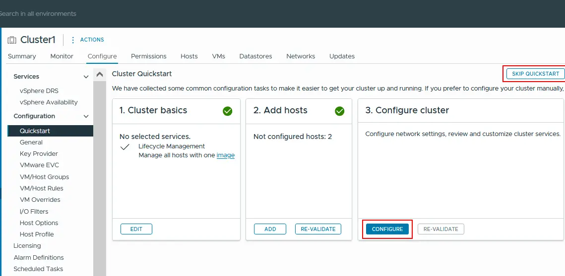 Finishing configuring a vSphere cluster