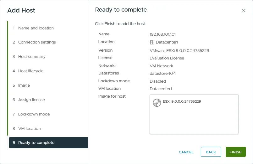 Ready to complete adding the ESXi host to the datacenter