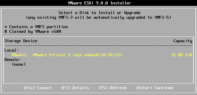 Selecting a disk to install ESXi
