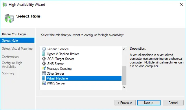 Selecting a virtual machine as a role