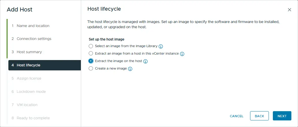 Selecting host lifecycle options