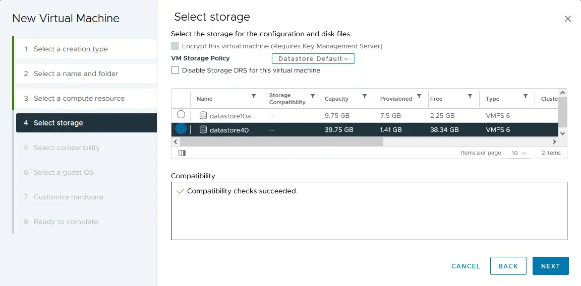 Selecting the storage for VM files