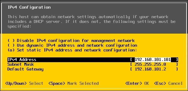 Setting static IPv4 address and network configuration for an ESXi Server