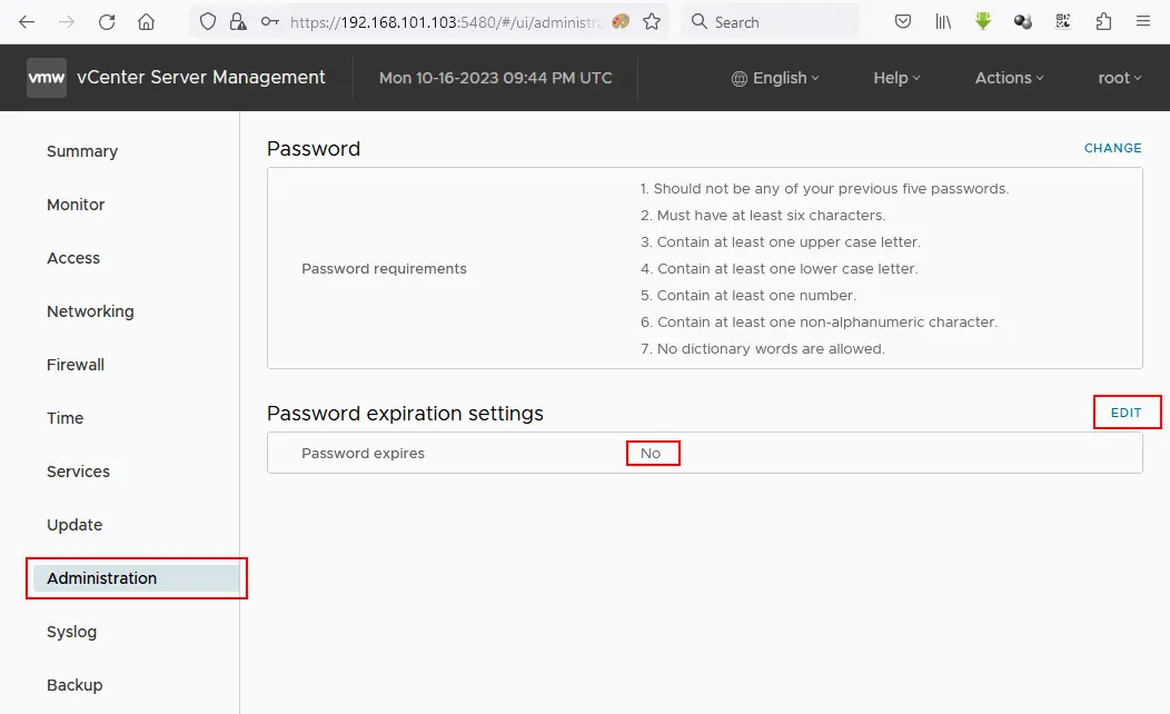 Setting the password expiration settings