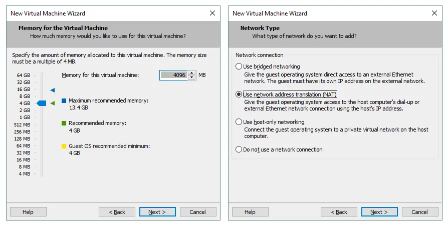 Specifying the amount of memory and network type