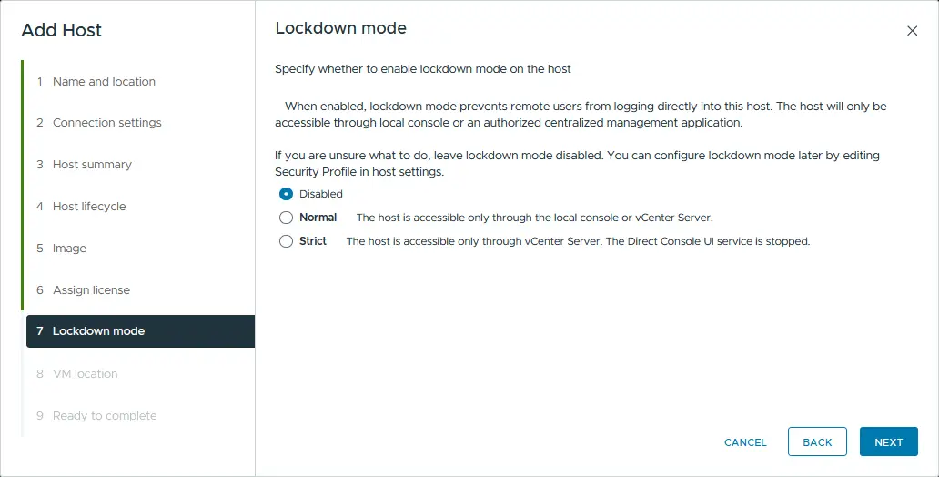 Specifying the ESXi host lockdown options