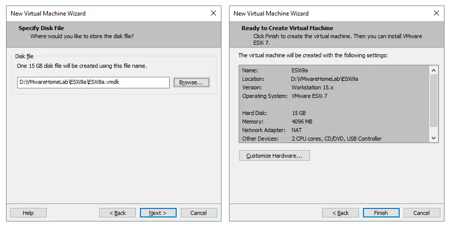 Specifying the location for a virtual disk file and checking settings