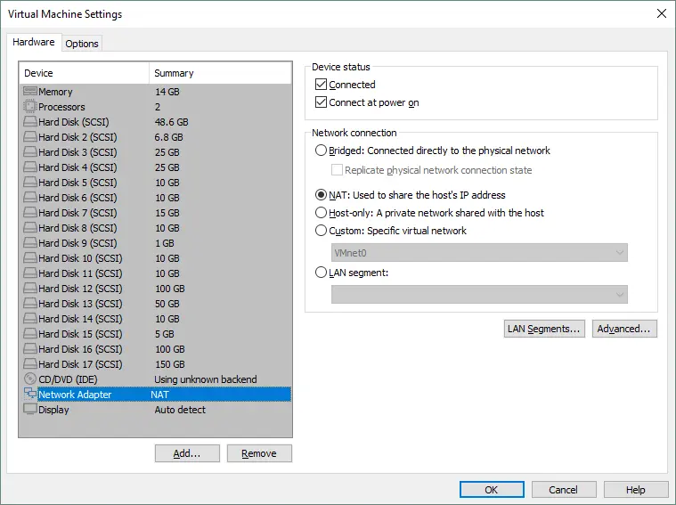 vCenter Server must be connected to the NAT virtual network