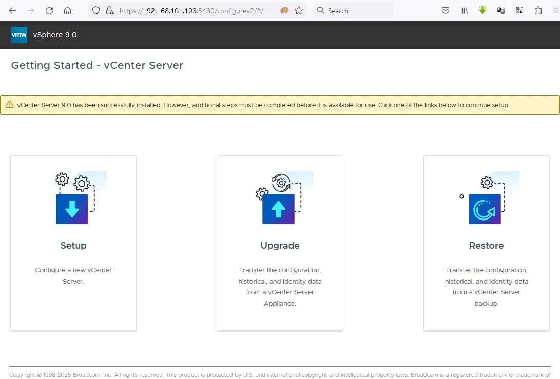 VMware vCenter 9 setup in the web interface – stage 1