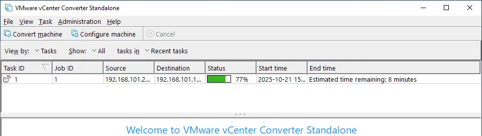 A P2V migration job is running
