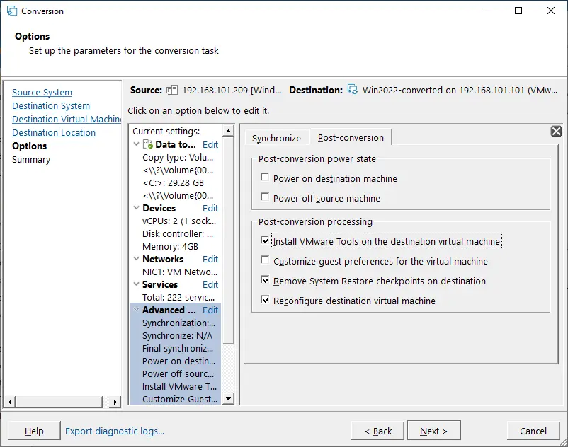 Post-conversion processing options