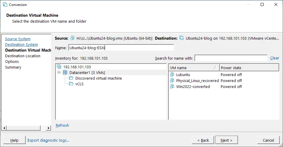 Selecting a destination VM