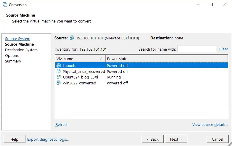 Selecting a source machine