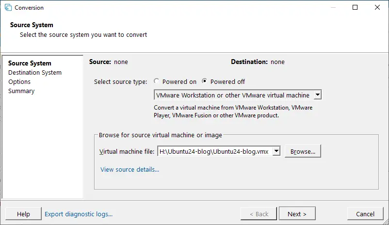 Selecting a VMware Workstation machine as the source machine