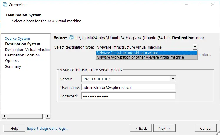 Selecting the destination machine