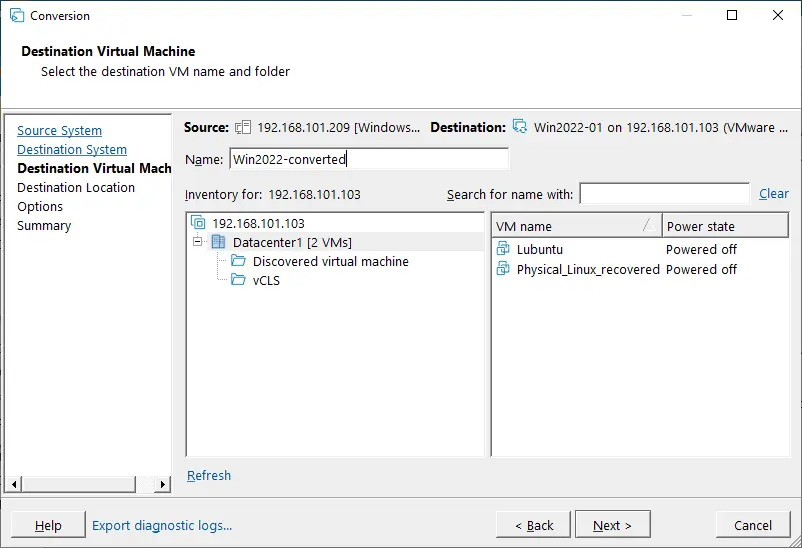 Selecting the destination VM