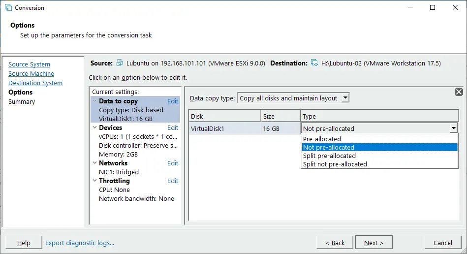 Selecting the virtual disk type for the destination VM