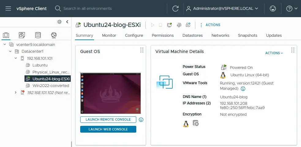 The Linux VM has been successfully converted