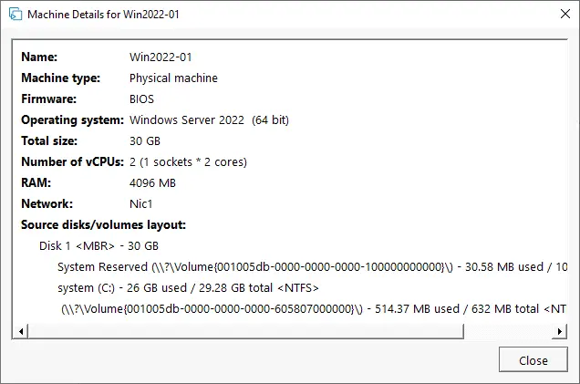 Viewing details of the source physical machine.