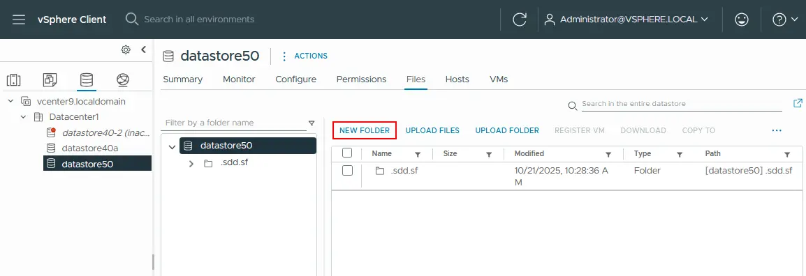 Creating a new folder in the ESXi datastore