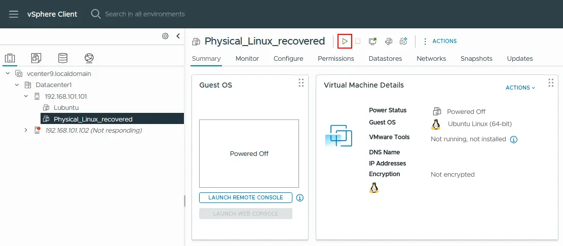 Powering on the VMware VM after conversion