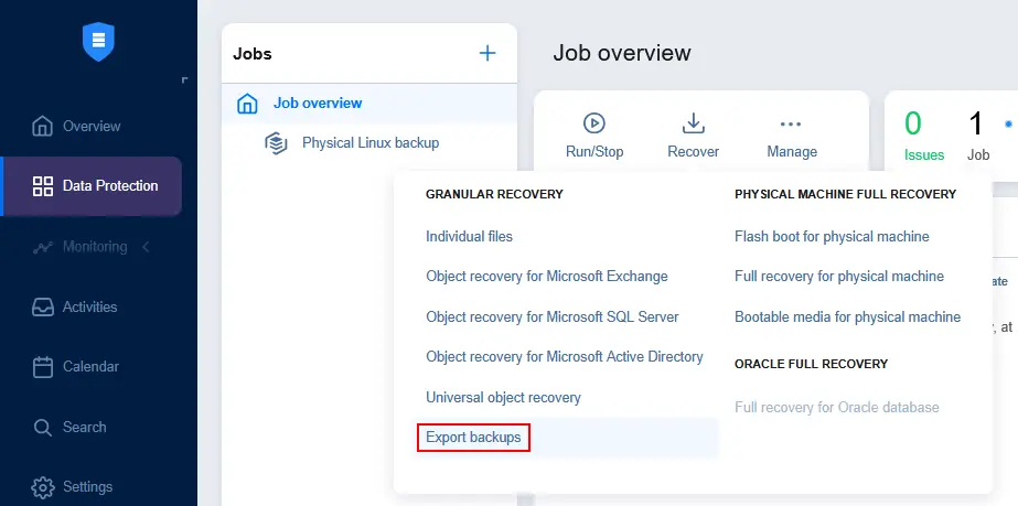 Selecting backup export for P2V recovery