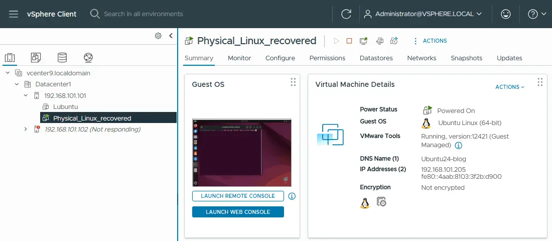 The Ubuntu Linux VM is running after conversion