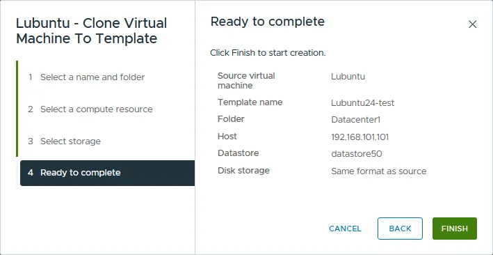 Checking the summary for the VMware VM template creation