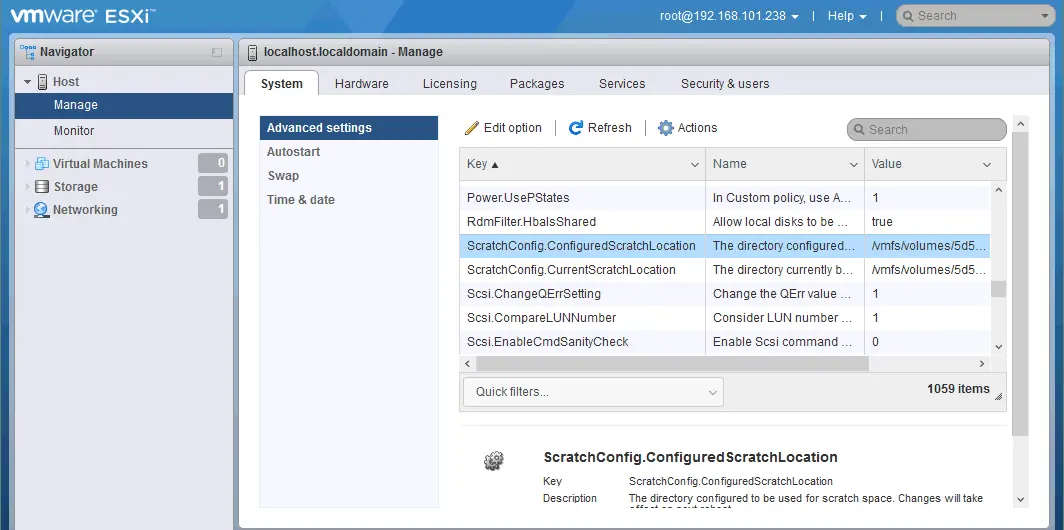 Configuring the location to store ESXi system logs.