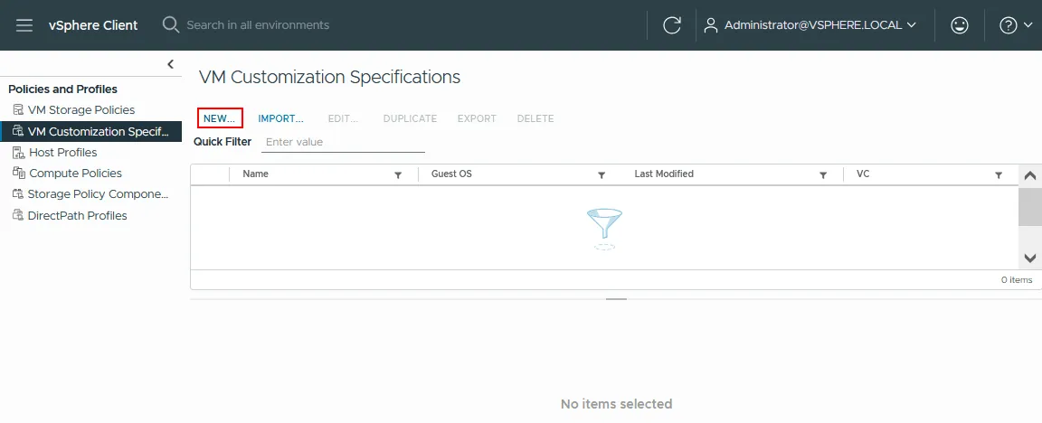 Creating a new VM customization specification