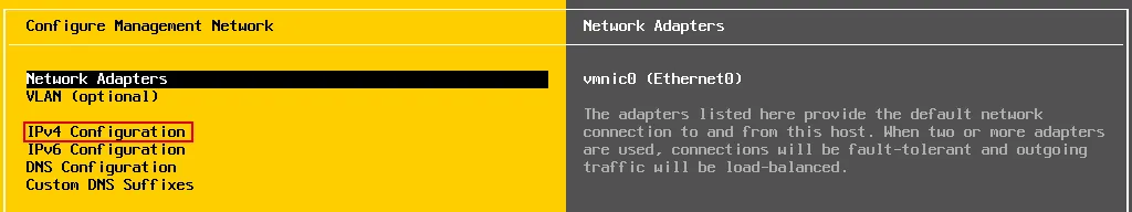 IPv4 Configuration of the network adapter