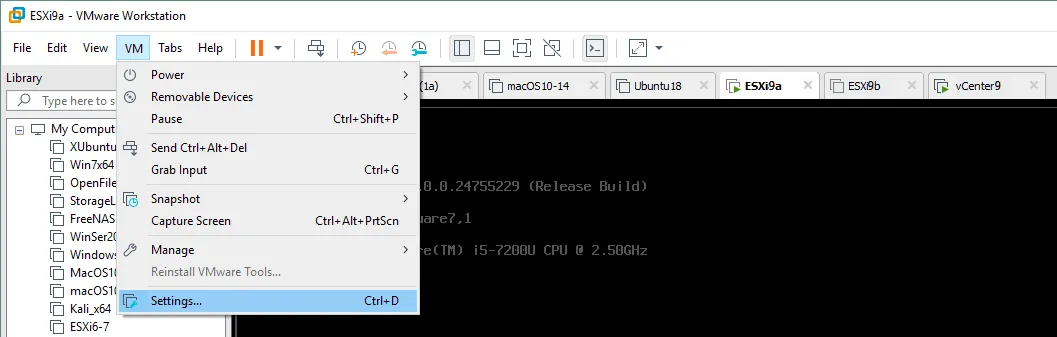 Opening virtual machine settings in VMware Workstation