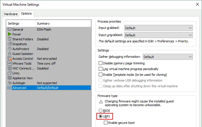 Select UEFI in VM settings