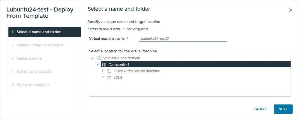 Selecting a VM name and location to store the VM
