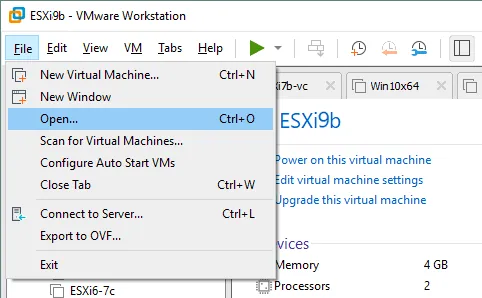 Selecting the Open VM option for deploying a VM from an OVA template